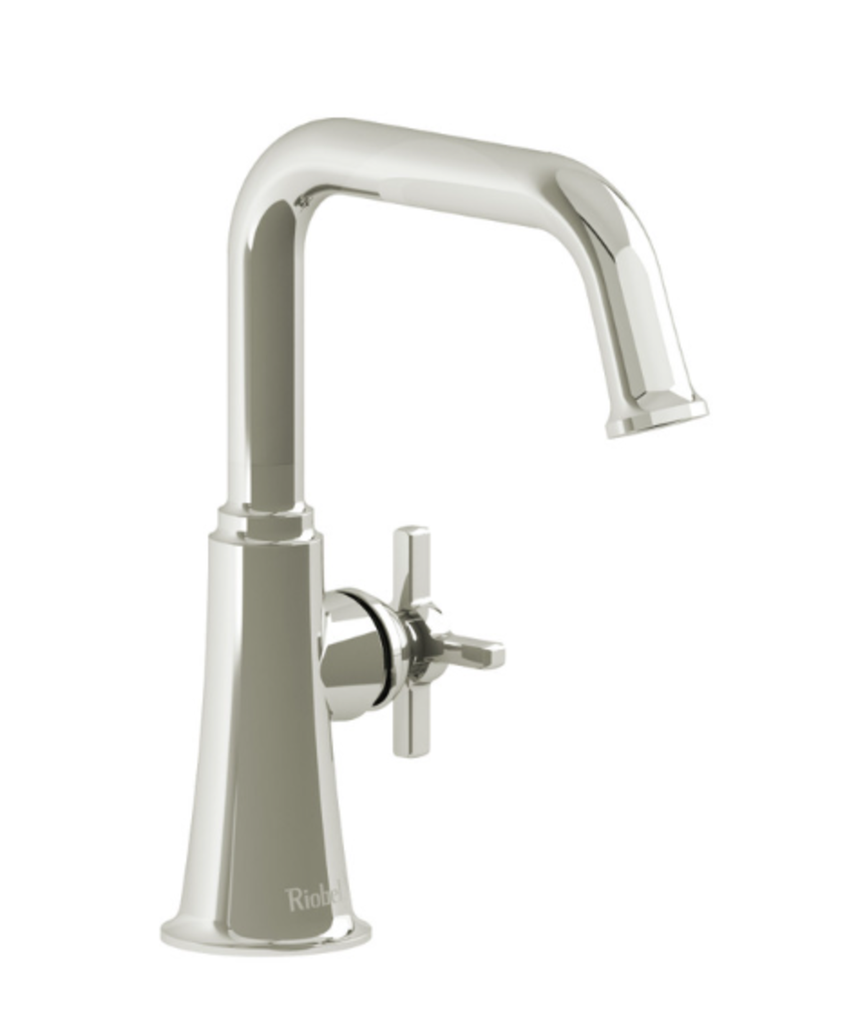 Discontinué Démo Robinet de lavabo momenti  bec carre poignee en croix nickel poli sans drain