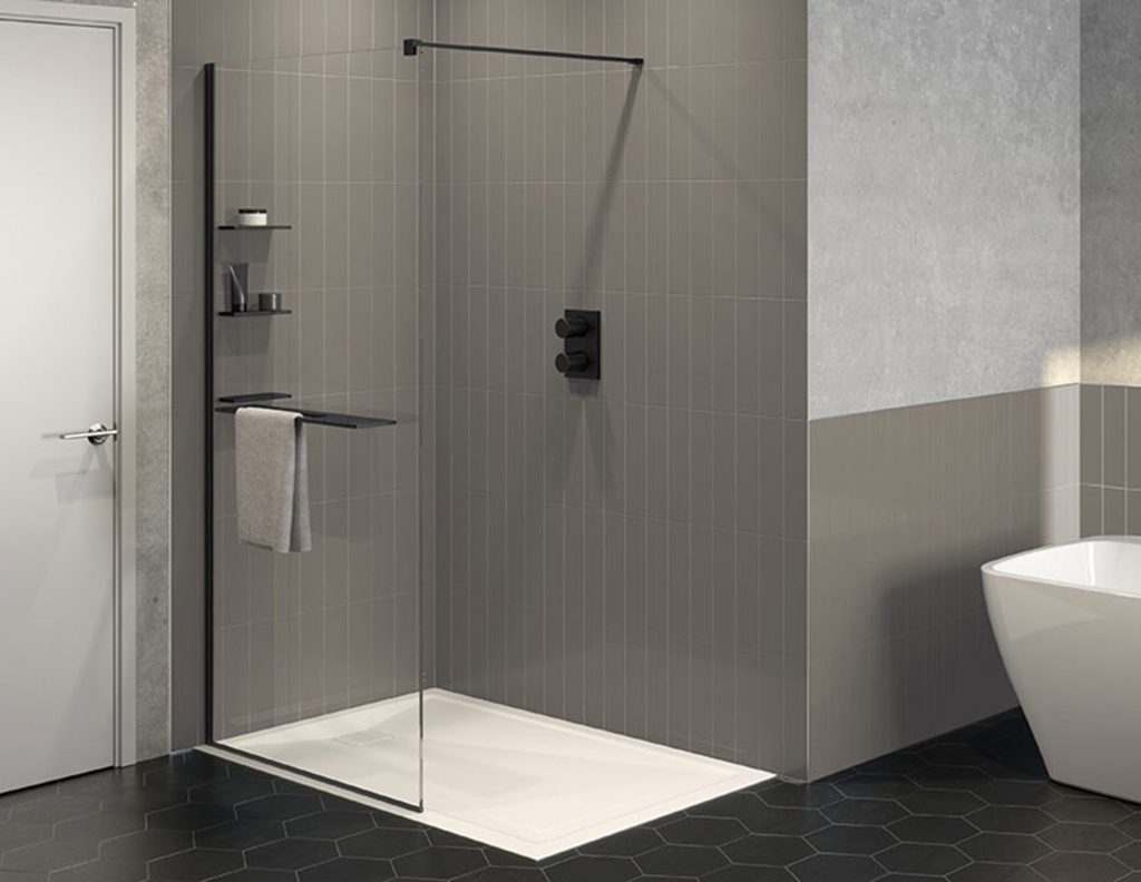 Démo - écran de douche ouverture à droite avec accessoires vectra 10mm noire matte