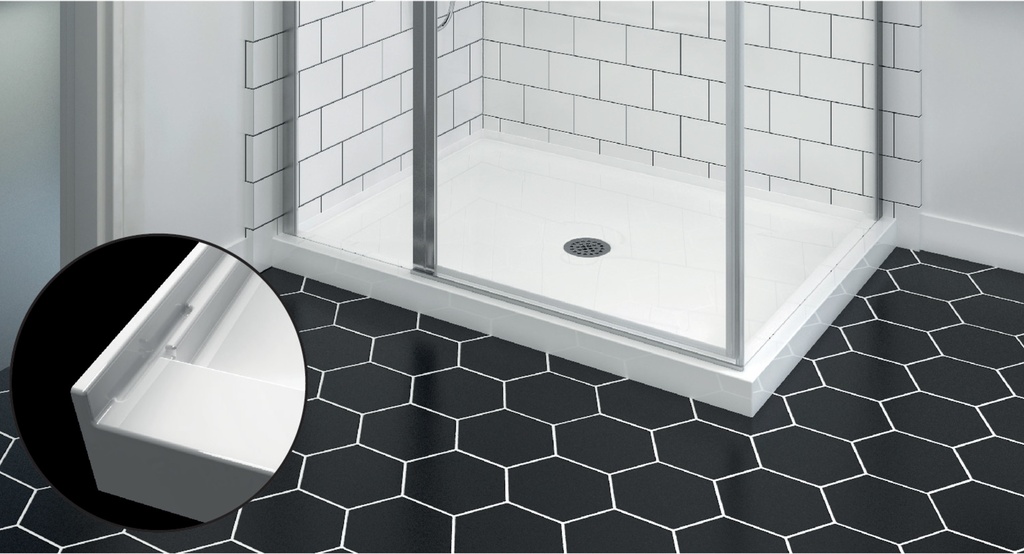 [1ZI-B6036LRELC1] Base de douche antifuite en coin gauche drain central rond 60 x 36po blanche