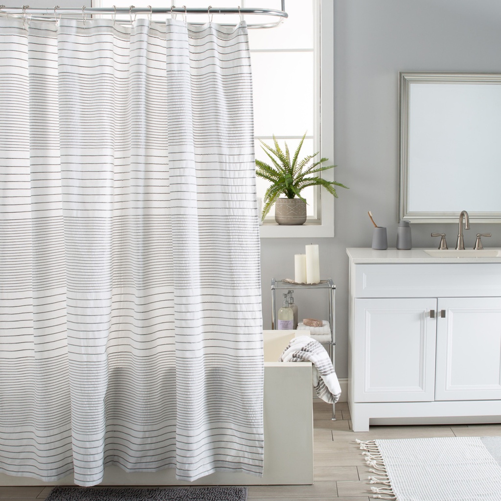 Rideau de douche harmony en tissu blanc raye gris 72x72