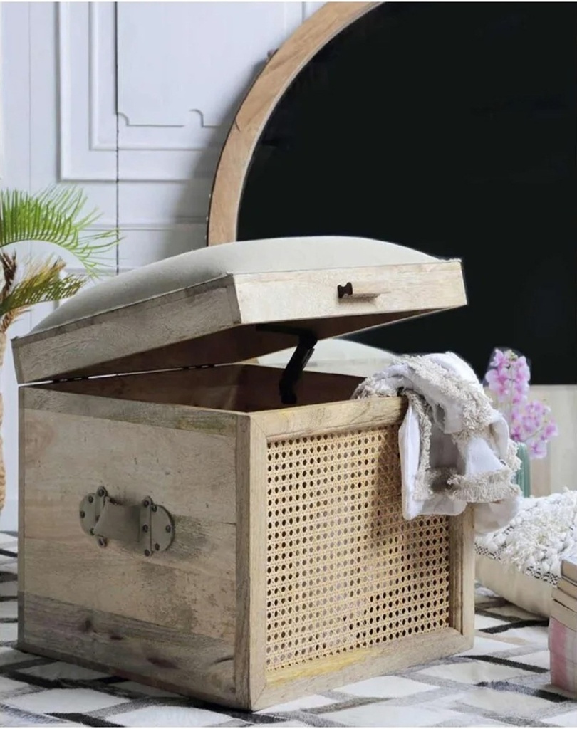 [5NA-VV-21586] Banc/coffre en bois de manguier et rotin tisse a la main 17-3/4 x 17-3/4 x 19-1/4h