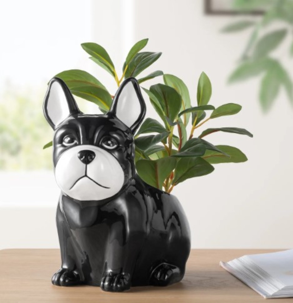 Cache-pot chien bulldog barkley noir/blanc 9.5h sans plante