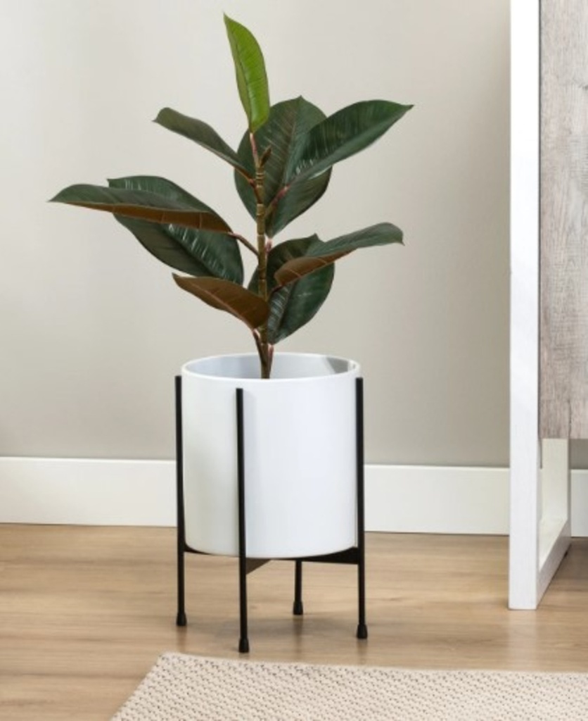 Cache-pot alto en ceramique blanche avec support noir 8d x 12h sans plante