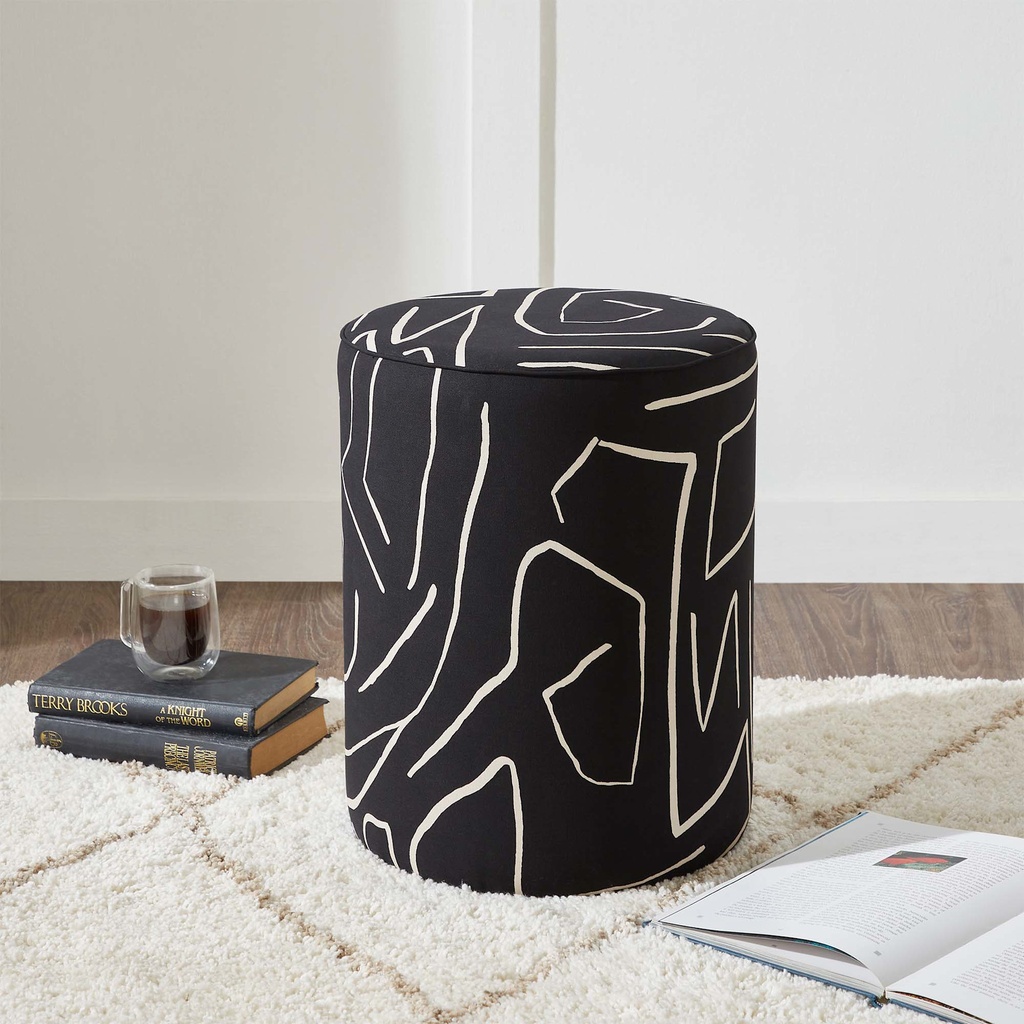 Pouf en tissu imprimeÌ noir/blanc 14d x 18h