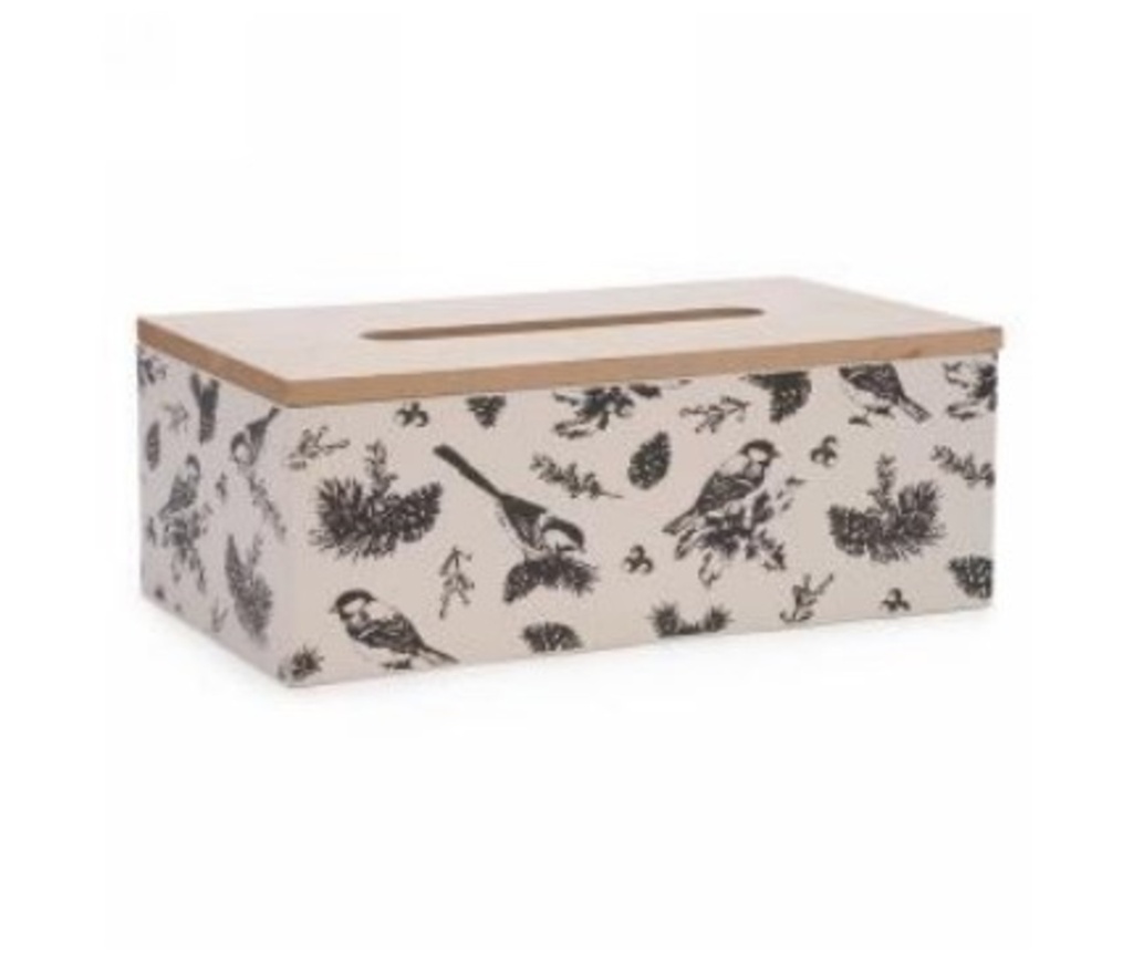 Boite de mouchoir en bois naturel/blanc avec oiseaux