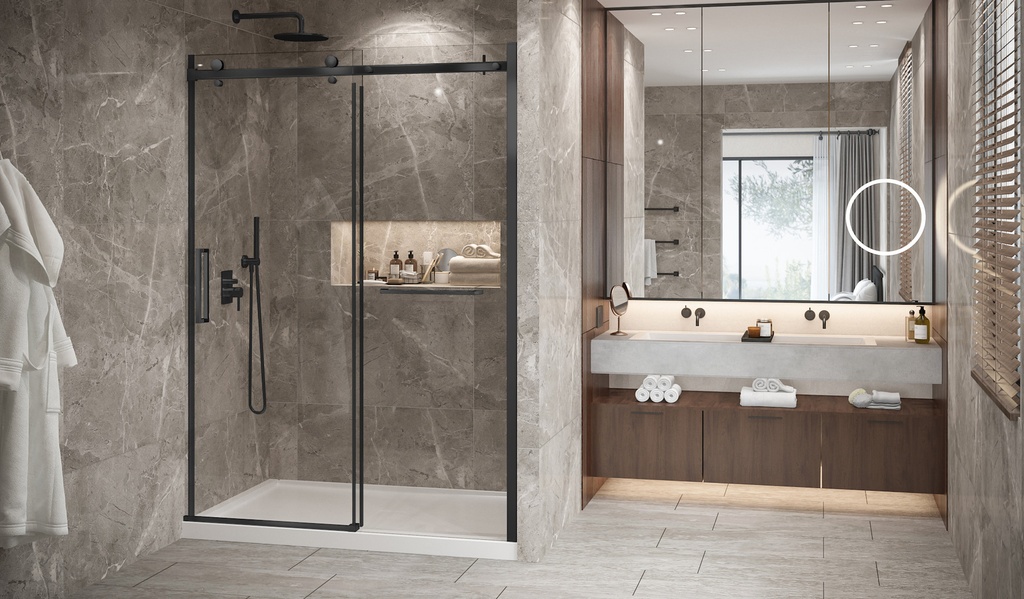 [1ZI-DB26000ASTC71] Porte de douche en alcôve 60po bellini 2.0 avec barre à serviette sur panneau fixe noir mat