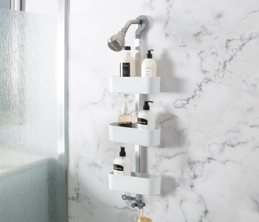 Caddy de douche avec 3 paniers ajustable aluminium et blanc