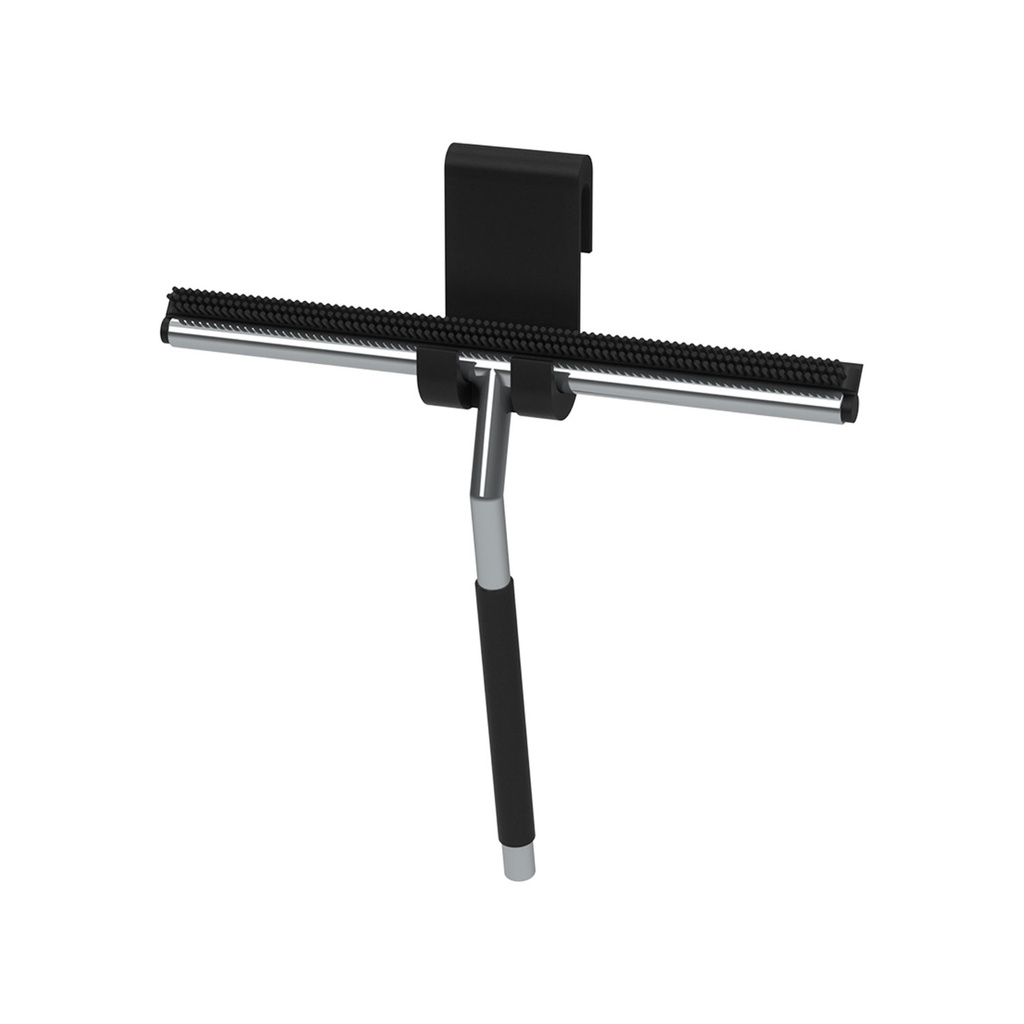 Raclette de douche noire et chrome avec crochet sur verre