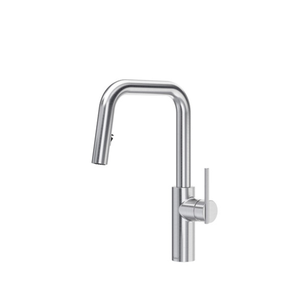 Robinet de cuisine lateral bec carré douchette rétractable 2 jets stainless