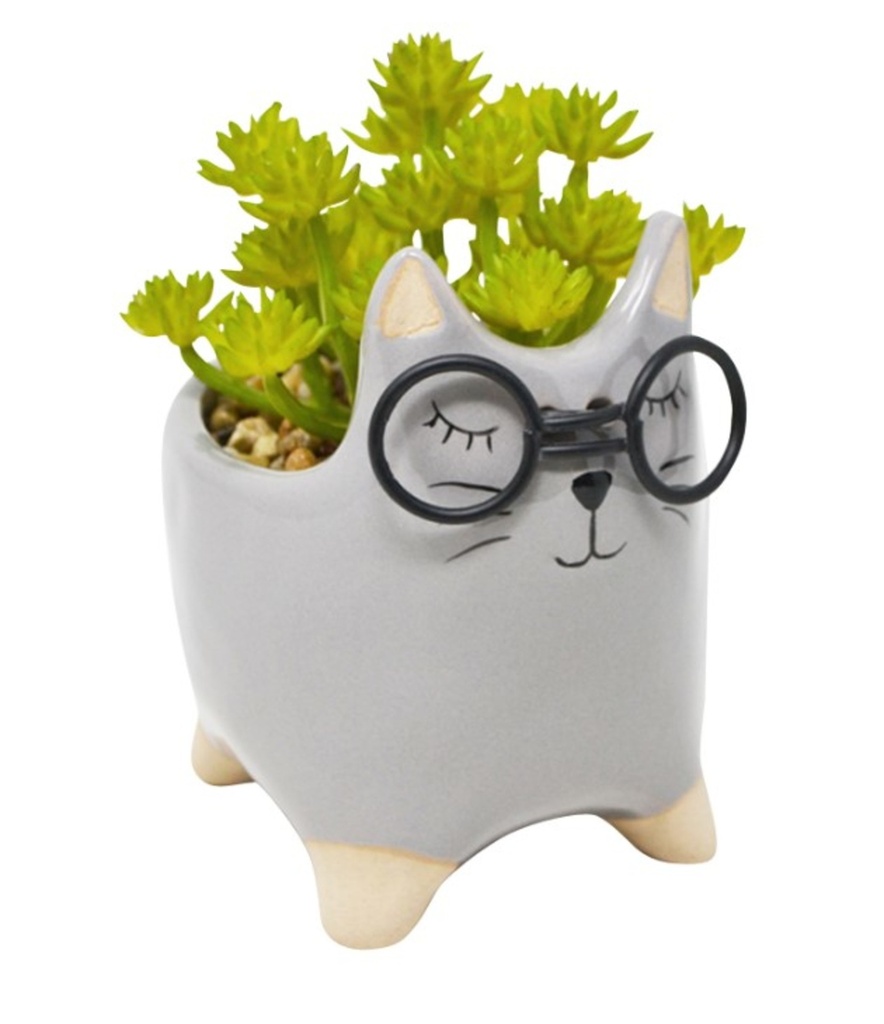 Pot à plante avec chat lunette 17 X 9 X 14 cm gris