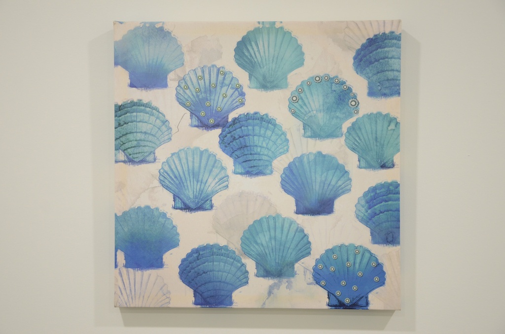 Cadre poisson et coquillage bleu 15 x 15po