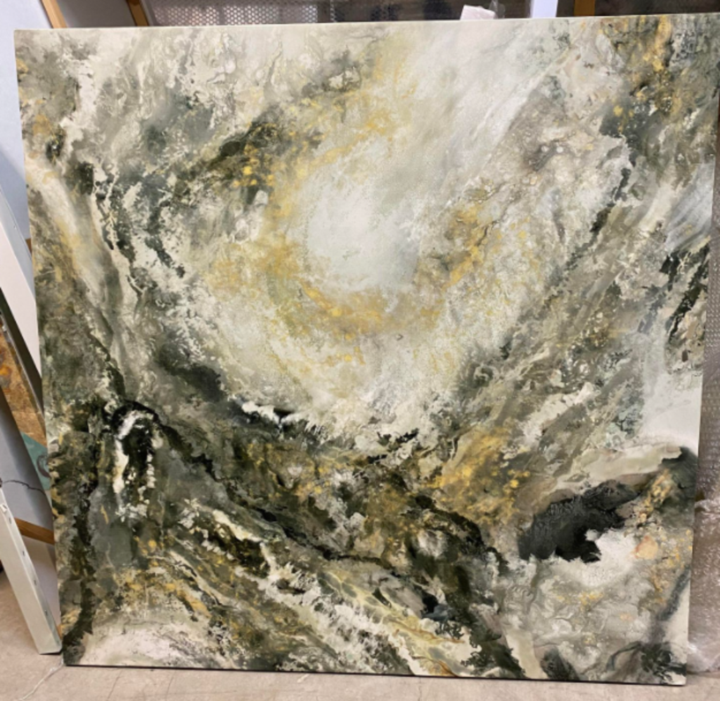 Cadre marbre abstrait gris/jaune 36 x 36po