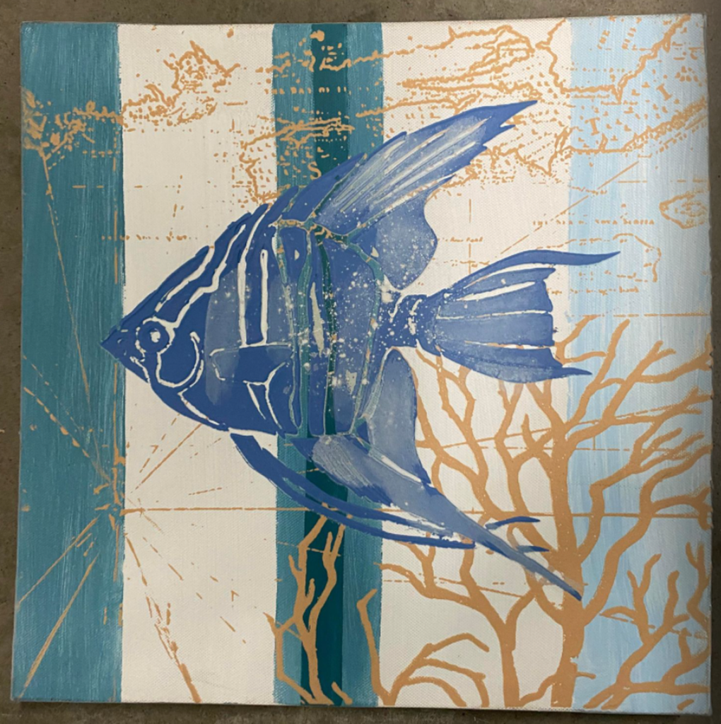 Cadre poisson bleu/beige 11 x 11po